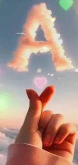 Hand forms heart beneath cloudy letter A in colorful sky.