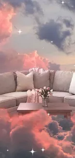 Cozy beige sofa with pillows in dreamy pink clouds.