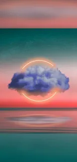 Dreamy cloud with neon circle over water, in peach and teal hues.