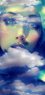 Portrait with dreamy clouds overlay in vibrant colors.