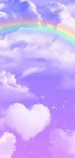 Whimsical wallpaper with cloudy sky, rainbow, and purple hues.