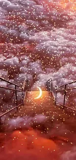 Surreal stairway leading through clouds with a crescent moon glowing softly.