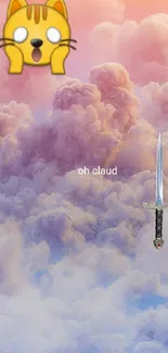 Whimsical phone wallpaper with clouds, sword, and cat emoji.