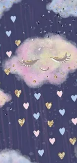 Aesthetic mobile wallpaper with dreamy clouds and hearts on a dark background.