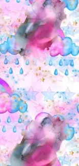 Dreamy watercolor wallpaper with clouds, stars, and rainbows.