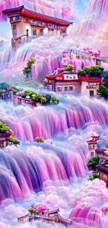 Fantasy landscape with cloud waterfalls and vibrant flora.