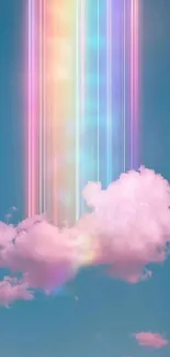 Dreamy scene with pink cloud and rainbow beams against a serene blue sky.