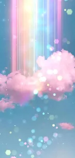 Dreamy cloud with colorful rainbow beams in blue sky wallpaper.