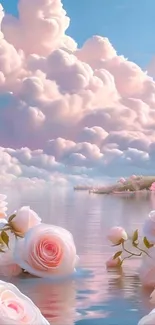 Pink roses and fluffy clouds wallpaper with serene water reflection.