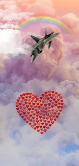 Whimsical wallpaper with clouds, jet, rainbow, and heart design.