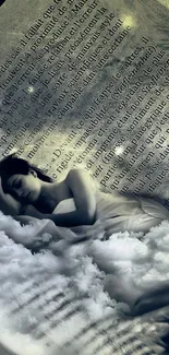 Woman rests on clouds over artistic text background for mobile wallpaper.