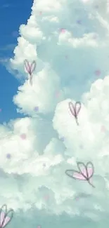 Dreamy clouds and butterflies wallpaper with a soft blue background.