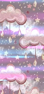 Whimsical pink clouds and golden stars wallpaper.