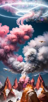 Surreal cloudscape mobile wallpaper with vibrant colors and fantasy landscape elements.