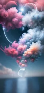 Digital illustration of a vibrant, dreamy cloudscape over a cosmic ocean.