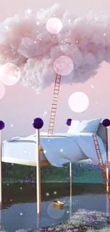 Surreal wallpaper featuring a cloud bed against a light pink sky.