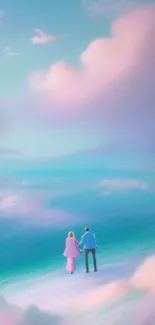 A couple stands among dreamy pastel clouds and a serene sky.