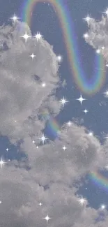 Celestial mobile wallpaper with clouds, stars, and a pastel rainbow.