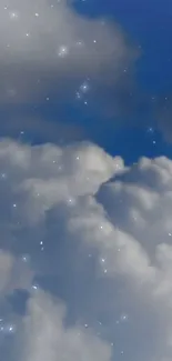 Dreamy blue sky with fluffy clouds and stars.