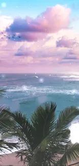 Dreamy beach wallpaper with palm trees and pastel clouds over a calm ocean.