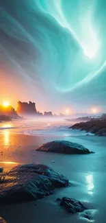 Mystical coastal night sky with vibrant colors and serene shoreline.