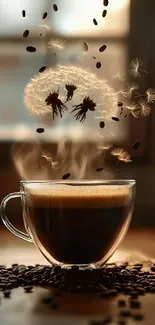Steamy coffee cup with floating dandelions and coffee beans.