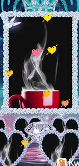 Steaming coffee mug framed by jewels with a dreamy celestial backdrop.