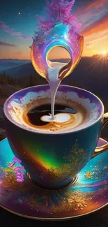 Magical coffee cup with galaxy colors at sunset.