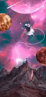 Astronauts floating among pink nebulae and planets in a surreal cosmic landscape.