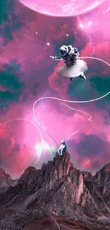 Astronaut floating in pink cosmic landscape with distant planets.