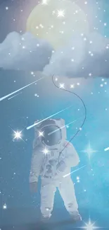 Astronaut among stars and clouds in space.