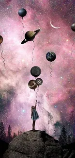 A girl holding planetary balloons against a purple starry nebula sky.