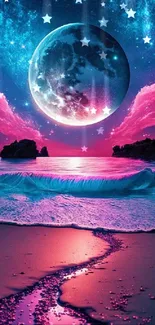 Dreamy cosmic beach with vibrant pink sky and surreal ocean waves.