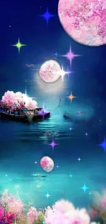 A dreamy cosmic scene with a boat and pink moons under a starry sky.