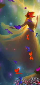 Woman with butterflies lit by cosmic light in space art.