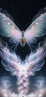 Ethereal cosmic butterfly artwork on a mobile wallpaper with a dreamlike scene.