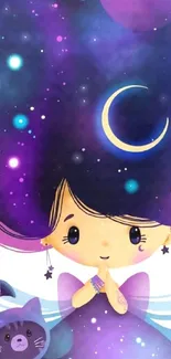 Artistic wallpaper of a cosmic girl with purple and blue celestial background.