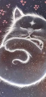 A dreamy cosmic cat art wallpaper featuring a fluffy feline asleep in space.