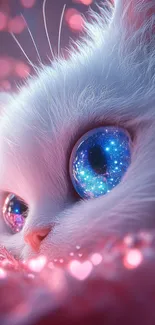 A whimsical white cat with galaxy-filled eyes and pink hues.