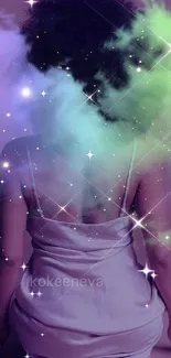 Woman in ethereal cosmic clouds with starlight and dreamy hues in violet tones.