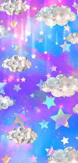 Vibrant cosmic wallpaper with stars and clouds on a purple sky.