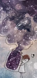 Whimsical drawing of a girl with cosmic cloud and stars in a jar.