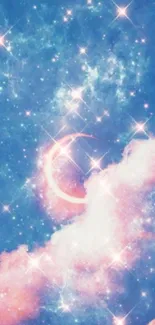 Dreamy cosmic wallpaper with stars and clouds in pastel colors.