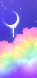 Colorful rainbow cloud with crescent moon in a night sky wallpaper.