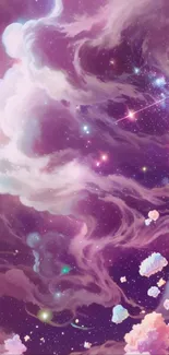 Dreamy cosmic cloudscape with stars in purple hues.