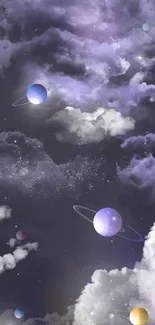 Dreamy wallpaper with planets and clouds in a purple cosmic theme.