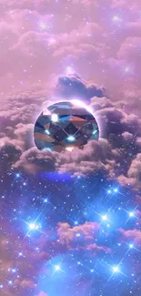 Dreamy cosmic scene with diamond in pink clouds.