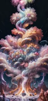 A cosmic explosion with vibrant colors and dreamy clouds fills this wallpaper.