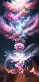 Dreamy cosmic explosion with colorful clouds and stars on a phone wallpaper.