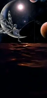 Fairy on the moon in a cosmic landscape with stars and planets.